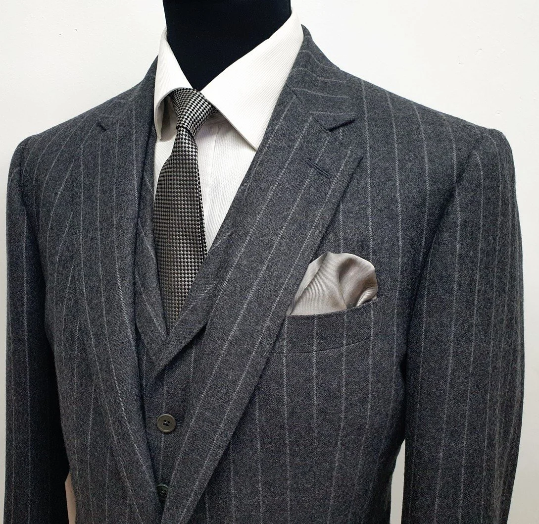 3 Piece Suit in Grey Flannel Chalk Stripe by HFW — TWEED ADDICT
